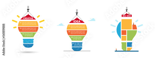 Set concept illustration build light bulb from blocks. Glowing light bulb