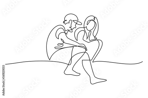 Man talking with a woman in continuous line art drawing style. Two people rest and communicate. Black linear sketch isolated on white background. Vector illustration