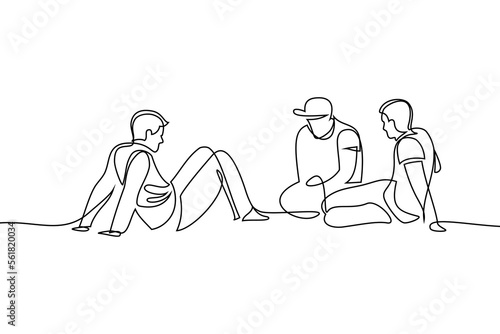 Men communicate in casual settings. Male friends sitting on the ground, resting and talking. Continuous line art drawing style. Black linear design isolated on white background. Vector illustration
