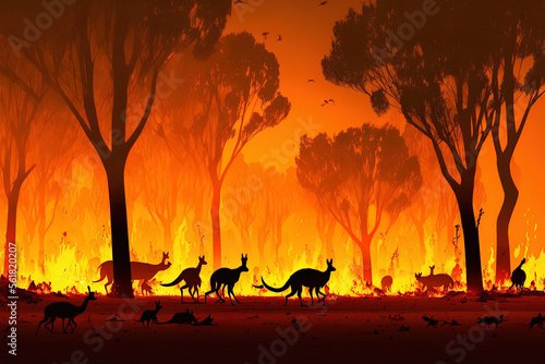 Bushfire IN Australia Forest Many Kangaroos And Other Animals Running Escaping To Save Their Lives  Evacuation destroyed silhouette. Generative AI