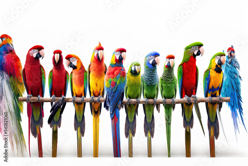 Large group of many different exotic pet birds, Parrots, parakeets, macaws, love birds in a row, isolated on white. Generative AI