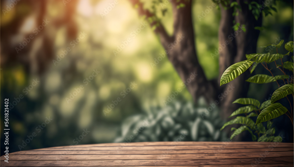 Empty wood table top, garden background, used for display or products, illustration ai generative Empty wood table top, garden background, used for display or products, illustration ai generative