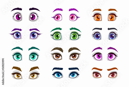 Cartoon anime girls eyes and eyebrows set.