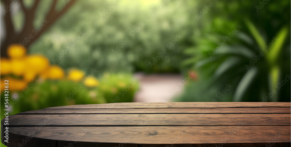 Empty wood table top, garden background, used for display or products, illustration ai generative Empty wood table top, garden background, used for display or products, illustration ai generative