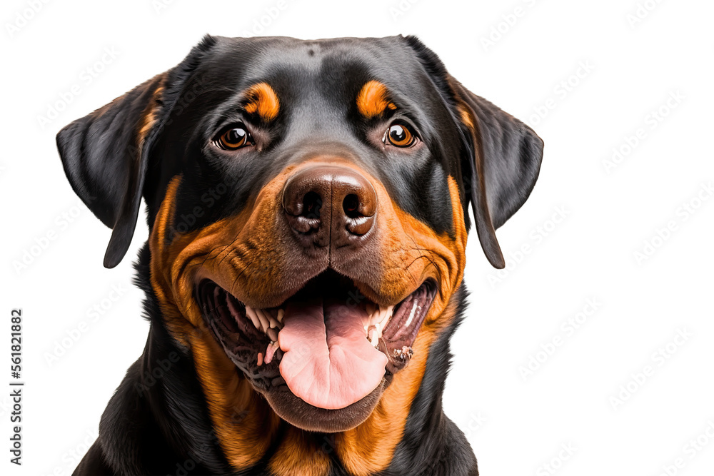 Happy Rottweiler dog smiling on isolated on transparent background. Portrait of a cute rottweiler dog. Digital art	
