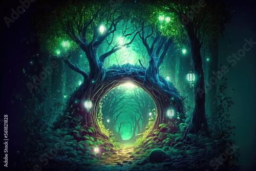 Fantasy fairy tale background. Fantasy enchanted forest with magical luminous plants  built ancient mighty trees covered with moss  with beautiful houses  butterflies and fireflies fly in the air. 