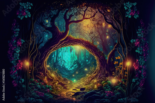Fantasy fairy tale background. Fantasy enchanted forest with magical luminous plants, built ancient mighty trees covered with moss, with beautiful houses, butterflies and fireflies fly in the air. 