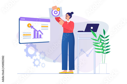 Business target concept with people scene in flat design. Woman analyzing data and creating strategy  goal achievement and career development. Illustration with character situation for web