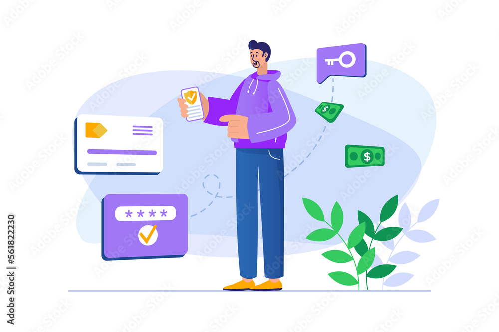 Secure payment concept with people scene in flat design. Man makes online purchases and pays for goods using secure transaction from mobile phone. Illustration with character situation for web