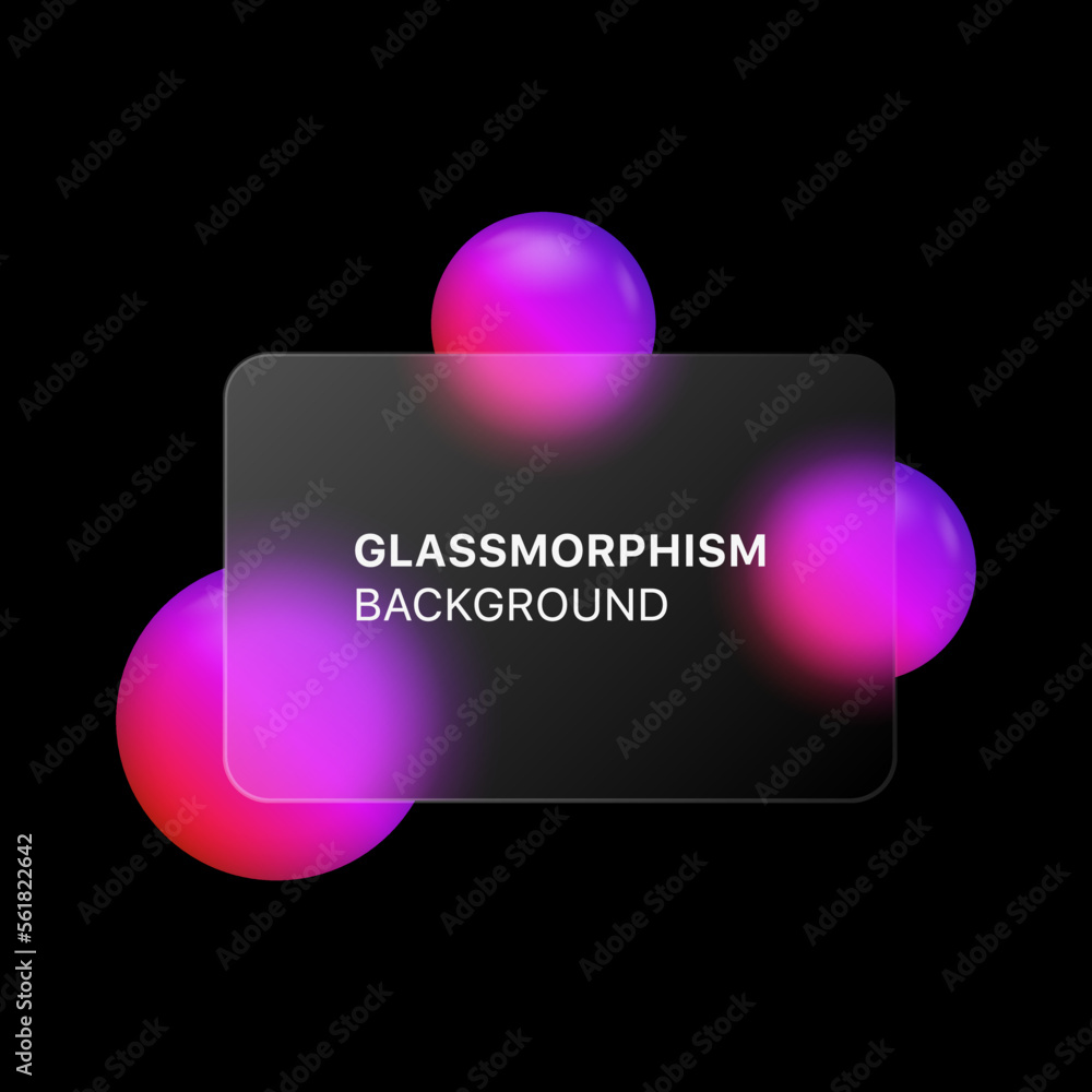 glassmorphism background banner with transparent glass frame template . Realistic Frosted glass morphism effect with blurred abstract gradient 3d circle shapes. Vector illustration