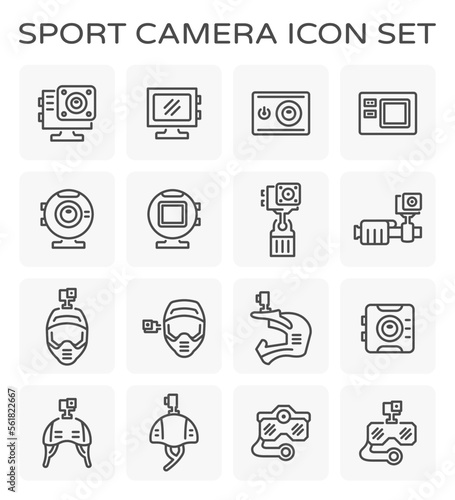 Action camera or action cam vector icon. Include equipment  tool or accessory. Digital camera for shot photo and record media video on card in extreme sport  adventure travel  diving  motorcycle  bike