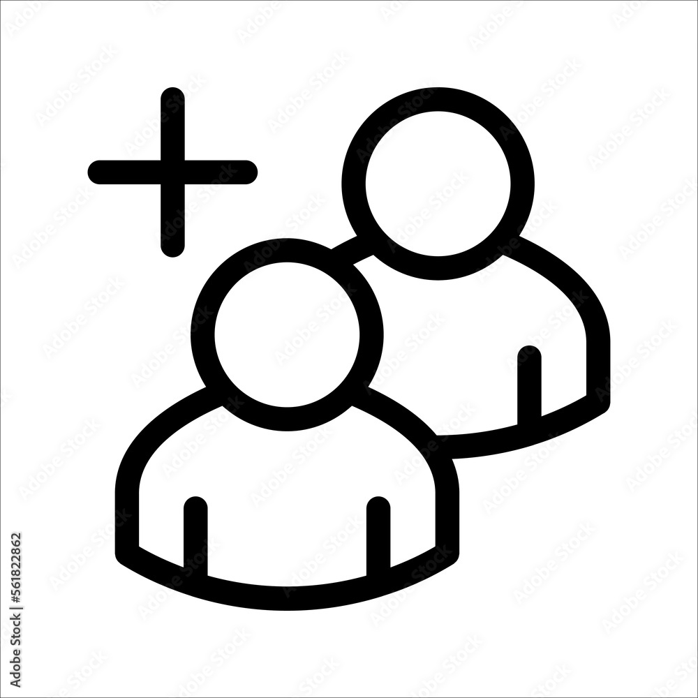 User profile with plus line icon. Add new friends, customer, member, contact, follow symbol vector illustration on white background User profile with plus line icon. Add new friends, customer, member, contact, follow symbol vector illustration on white background