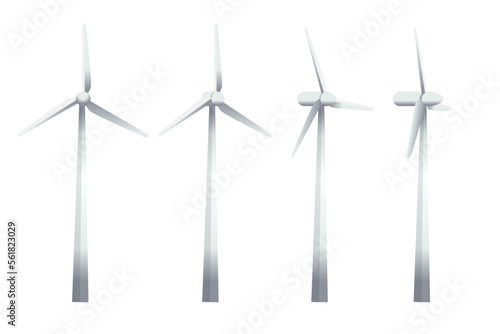 Wind generator tower set in different angles. Wind turbines isolated on white background.