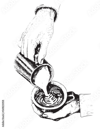 Barista hands making latte art. Hand drawn vector sketch illustration.