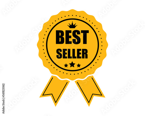 Gold round label best seller. Yellow stamp label award to qualified marketer for promotions and volumes of advertising vector sales