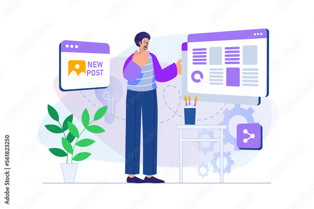 Content manager concept with people scene in flat design. Man creates content and fills blog with posts, plans and creates layout of website. Illustration with character situation for web Content manager concept with people scene in flat design. Man creates content and fills blog with posts, plans and creates layout of website. Illustration with character situation for web