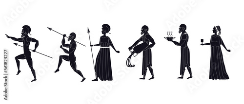 Ancient greek soldiers and actors in antique style. Ethnic image painting with Olympic athletes and mythical patron gods vector