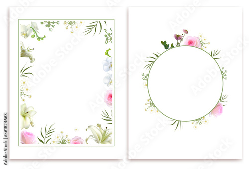 White flowers. Floral background. Wedding invitation. Green leaves. Eustoma. Lilies.