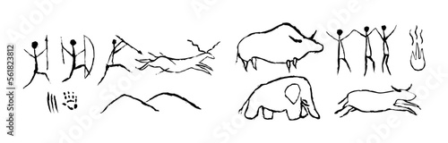 Rock primitive painting of hunting. Prehistoric animal and aboriginal primitive people hunting neanderthal vector ornament