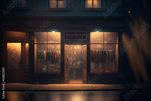Clothing store with closed windows during nighttime market. Generative AI