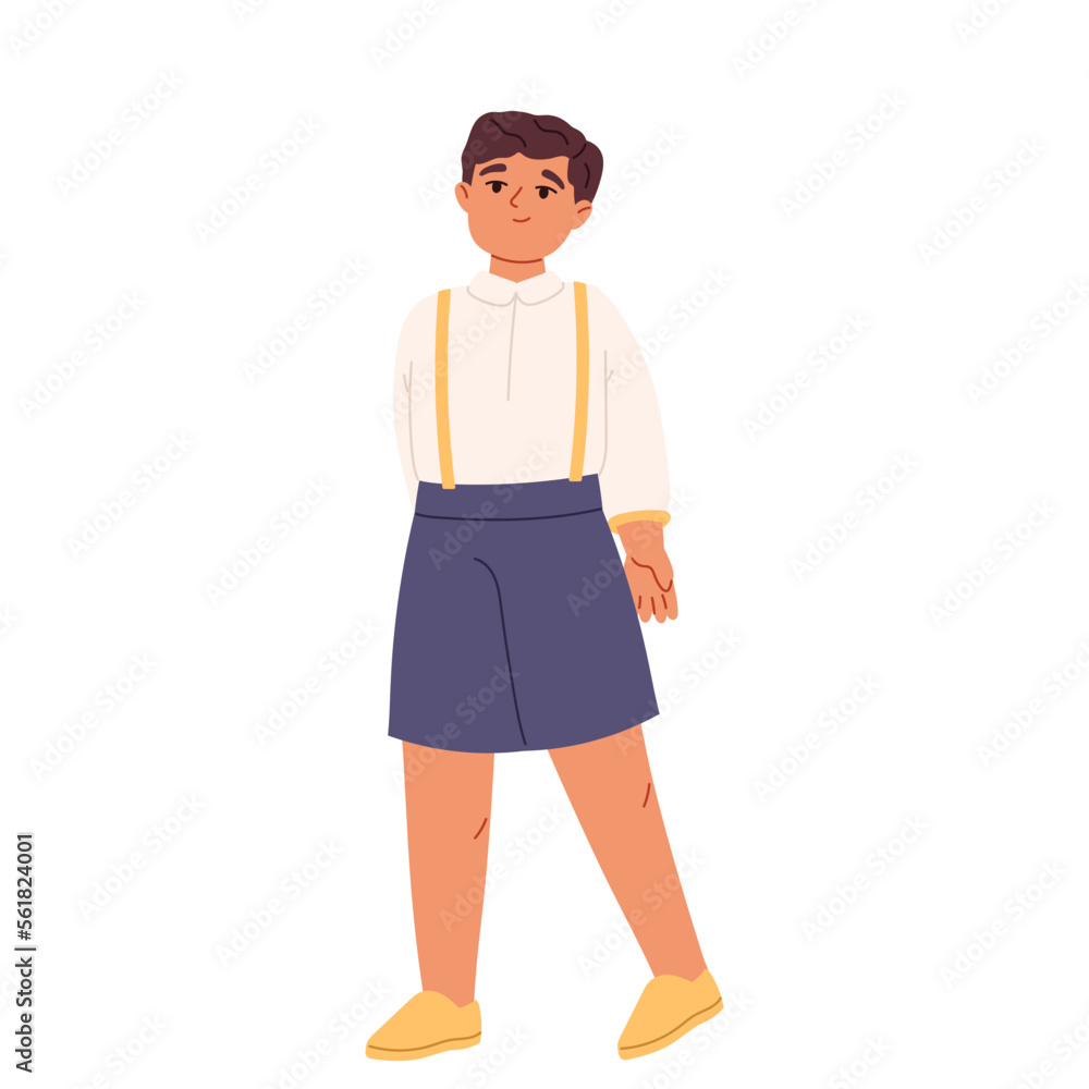 Fototapeta premium Cute happy boy standing calm and joyful with positive emotions, feelings, excited facial expression