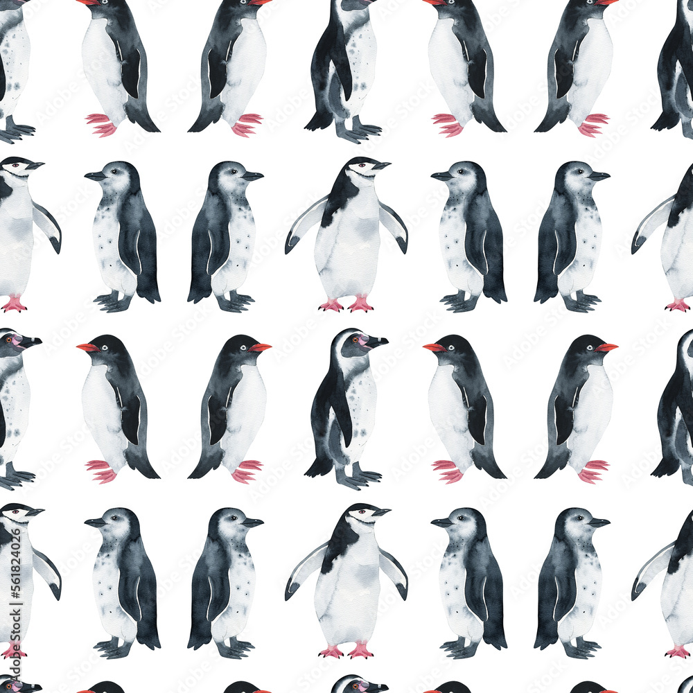 Naklejka premium penguin pattern watercolor. watercolor cute penguin pattern. Watercolor cute animal. Watercolor cute bird. Hand painting isolated white background. birds.