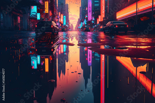 neon mega metropolis with puddles on the street reflecting light toward the towers. Idea for a central commercial district and nightlife (CBD) theme of cyberpunk, technical background. Generative AI