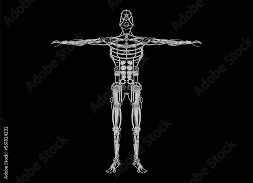 Mechanical human body on black surface. Metal automaton with humanoid structure and with closed and spread arms for techno vector anatomy