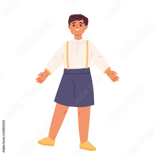 Small boy happy smiling, holding hands for hugs. Little kid joyful with positive emotions on face
