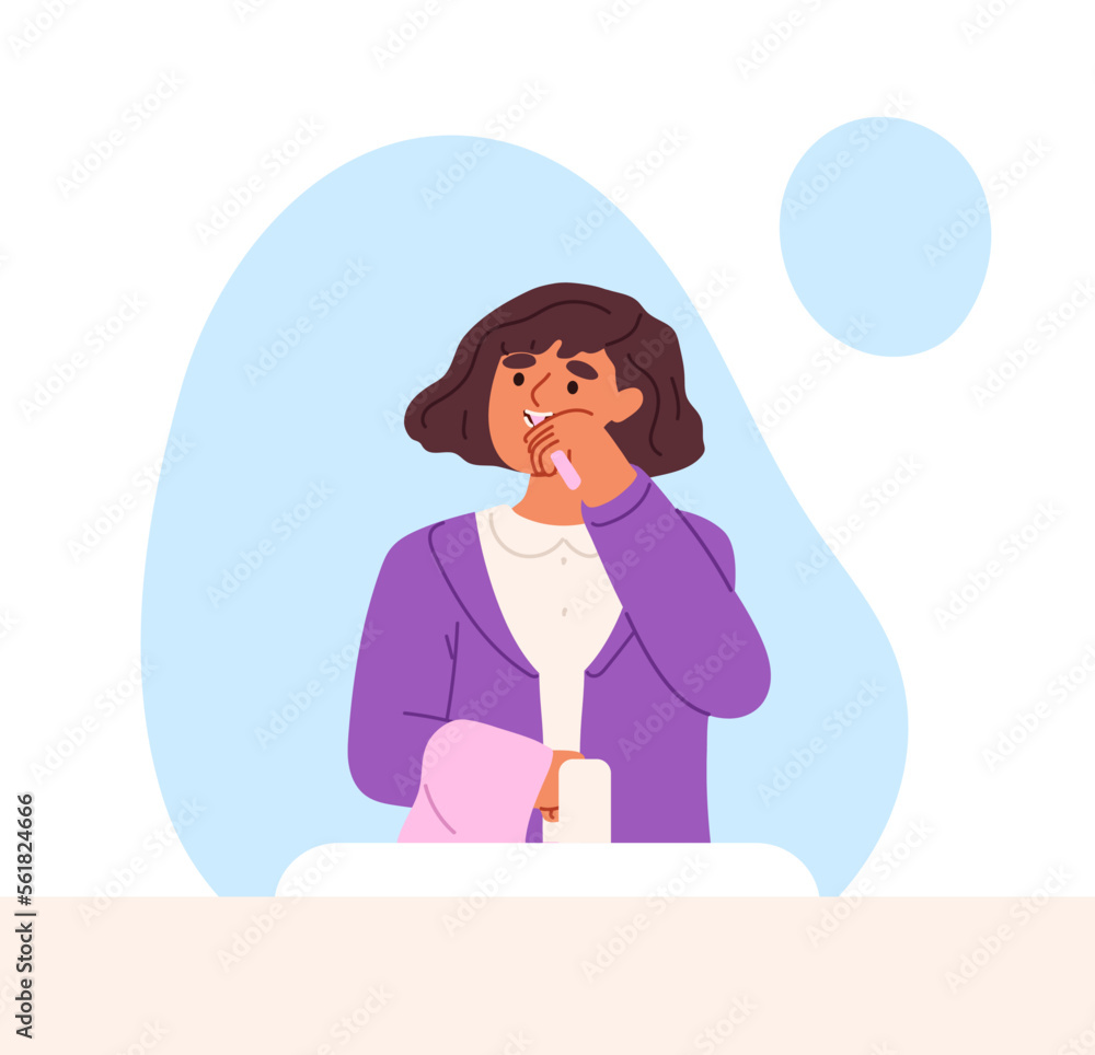 Small girl kid brushing teeth in bathroom hold toothbrush and paste. Cute child do morning routine Small girl kid brushing teeth in bathroom hold toothbrush and paste. Cute child do morning routine