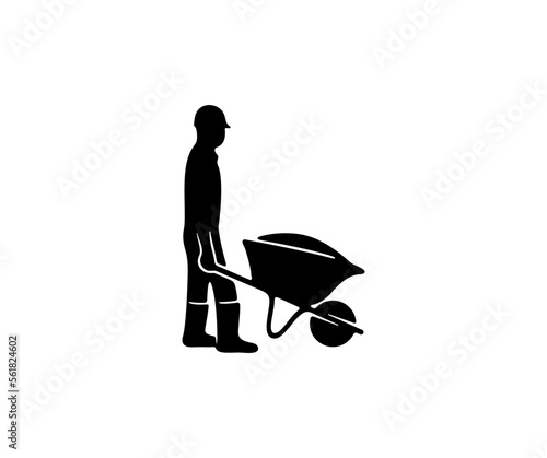 Construction worker pulling a wheelbarrow, craftsman pushing a wheelbarrow, graphic design. Construction, building and constructing, vector design and illustration