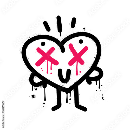 Urban graffiti - Funny heart with smile face, dead eyes retro cartoon character. Textured vector illustration for t-shirt, sticker, or apparel merchandise. Valentines day mascot .