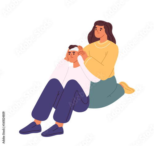 Woman putting bandage on man head after brain injury, strain or accident. Girl bandaging male