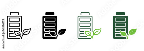 Rechargeable Energy Line and Silhouette Icon Set. Ecological Renewable Battery Pictogram. Accumulator with Leaf Symbol Collection on White Background. Eco Electric Power. Isolated Vector Illustration
