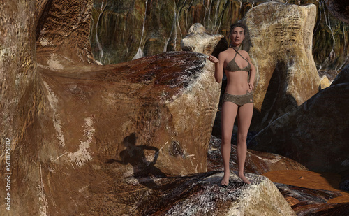 Illustration of a woman standing on rocky terrain wearing a cavewoman outfit plus a tattoo with one hand up in a what is going on pose. photo