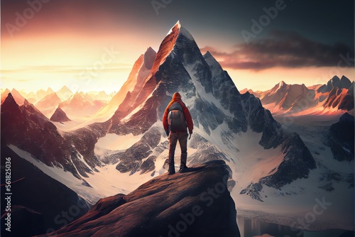 An adventurous man hiker standing at the top of an icy peak with rocky mountains in the background. Generative AI © Pixel Matrix