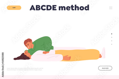Abcde method concept of landing page with man doing artificial respiration for breathless woman