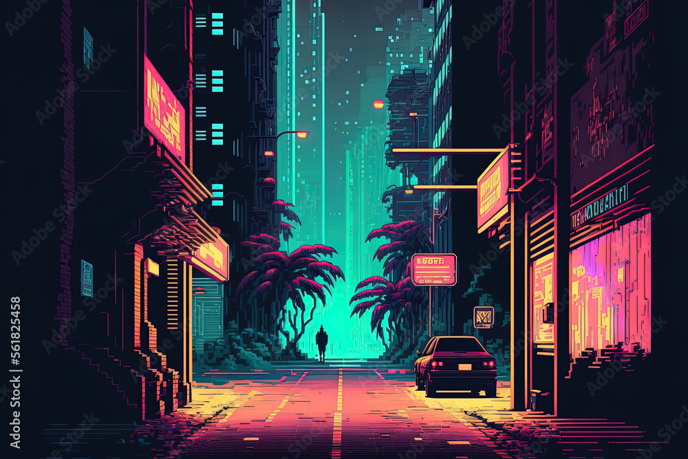 Cyberpunk city street. Sci-fi wallpaper. Futuristic city scene in a style  of pixel art. Urban scene. Generative AI. 22452074 Stock Photo at Vecteezy