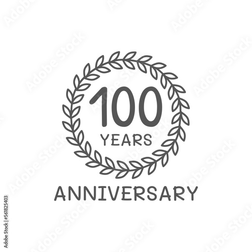 100 years anniversary logo with laurel wreath frame. 100th birthday celebration icon or badge. Vector illustration