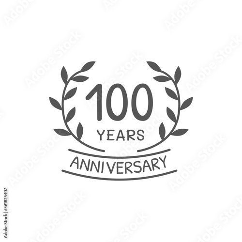 100 years anniversary logo with laurel wreath frame. 100th birthday celebration icon or badge. Vector illustration