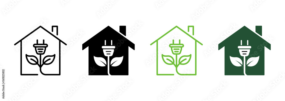 Eco House with Leaf and Plug Line and Silhouette Icon Color Set. Natural Home with Green Energy Pictogram. Ecology Real Estate Symbol Collection on White Background. Isolated Vector Illustration Eco House with Leaf and Plug Line and Silhouette Icon Color Set. Natural Home with Green Energy Pictogram. Ecology Real Estate Symbol Collection on White Background. Isolated Vector Illustration