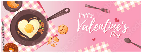 Valentine's day. Breakfast for a loved one. Fried eggs in the form of a heart in a frying pan. Template for a web banner, postcard, post in a social network.
