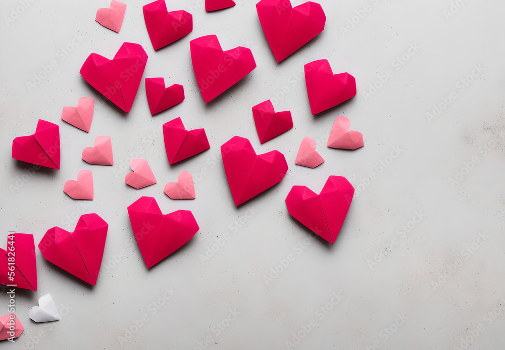 Fototapeta premium Illustration of red and pink origami hearts scattered on white background Generative AI
