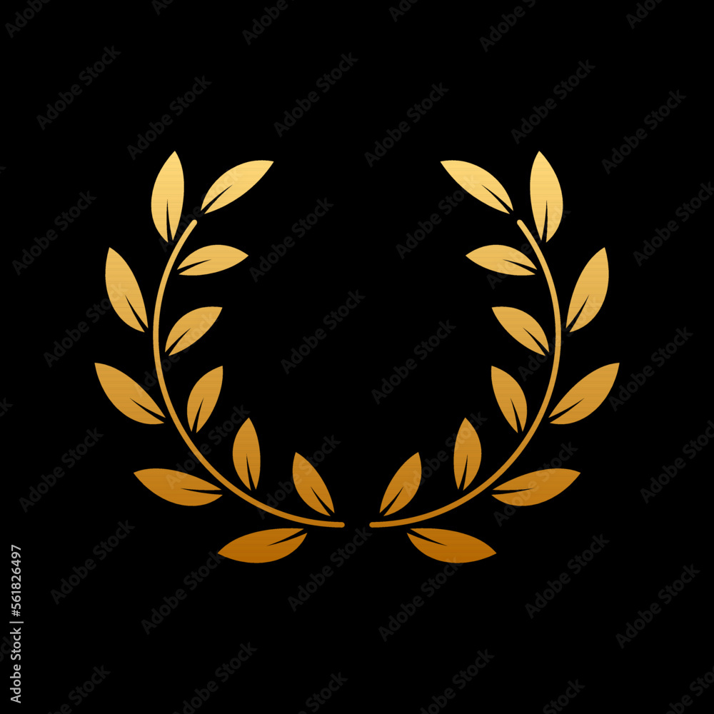 Obraz premium Gold Round Chaplet Reward for Winner Silhouette Icon on Black Background. Golden Laurel Wreath Award. Victory Symbol. Leader Trophy in Olive Leaves Branch Shape. Isolated Vector Illustration