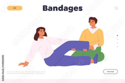 Bandages concept of landing page with man putting band on female foot after injury