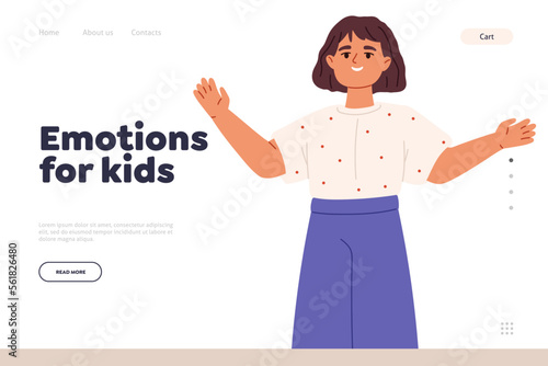 Emotions for kids concept of landing page with small girl happy smiling, holding hands for hugs