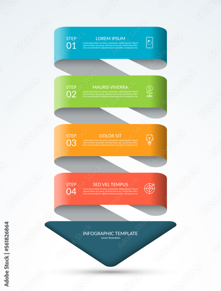 Down arrow infographic concept. Business template with 4 steps, options, parts. Can be used for diagram, chart, web design. Vector illustration. Down arrow infographic concept. Business template with 4 steps, options, parts. Can be used for diagram, chart, web design. Vector illustration.