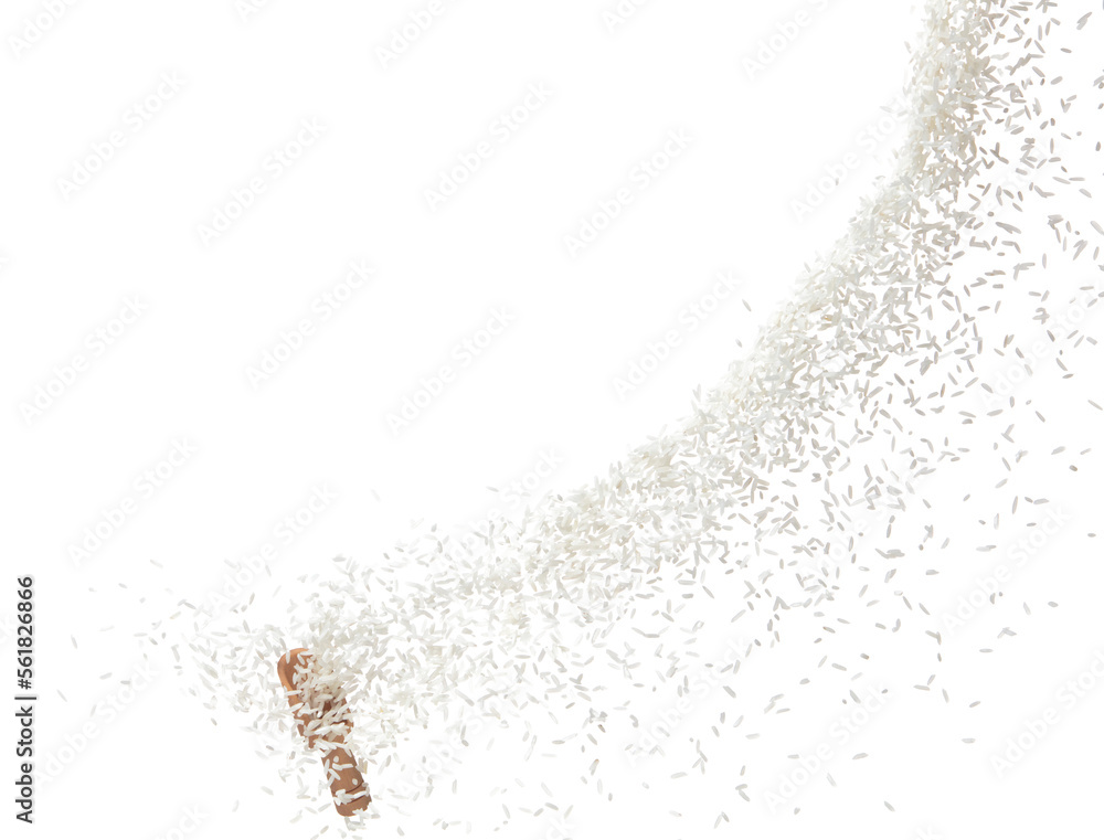 Japanese Rice in sack bag flying explosion, white grain rices fall