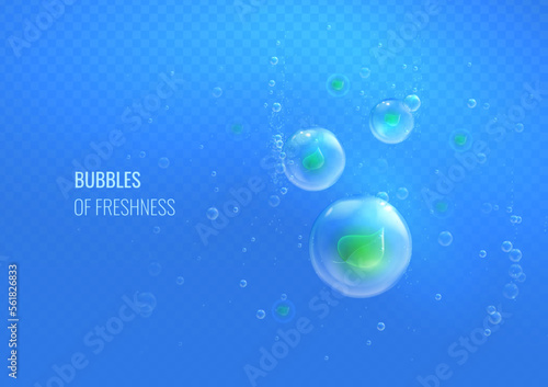 Light effect of bubble fresh and clean. Underwater air flow with a mint leaf is a graphic element for a menthol herbal aroma and a refreshing effervescent taste. Vector illustration