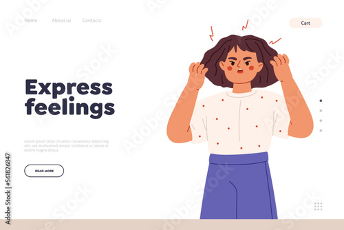 Express feelings concept of landing page with angry small girl scream. Child in tantrum aggressive